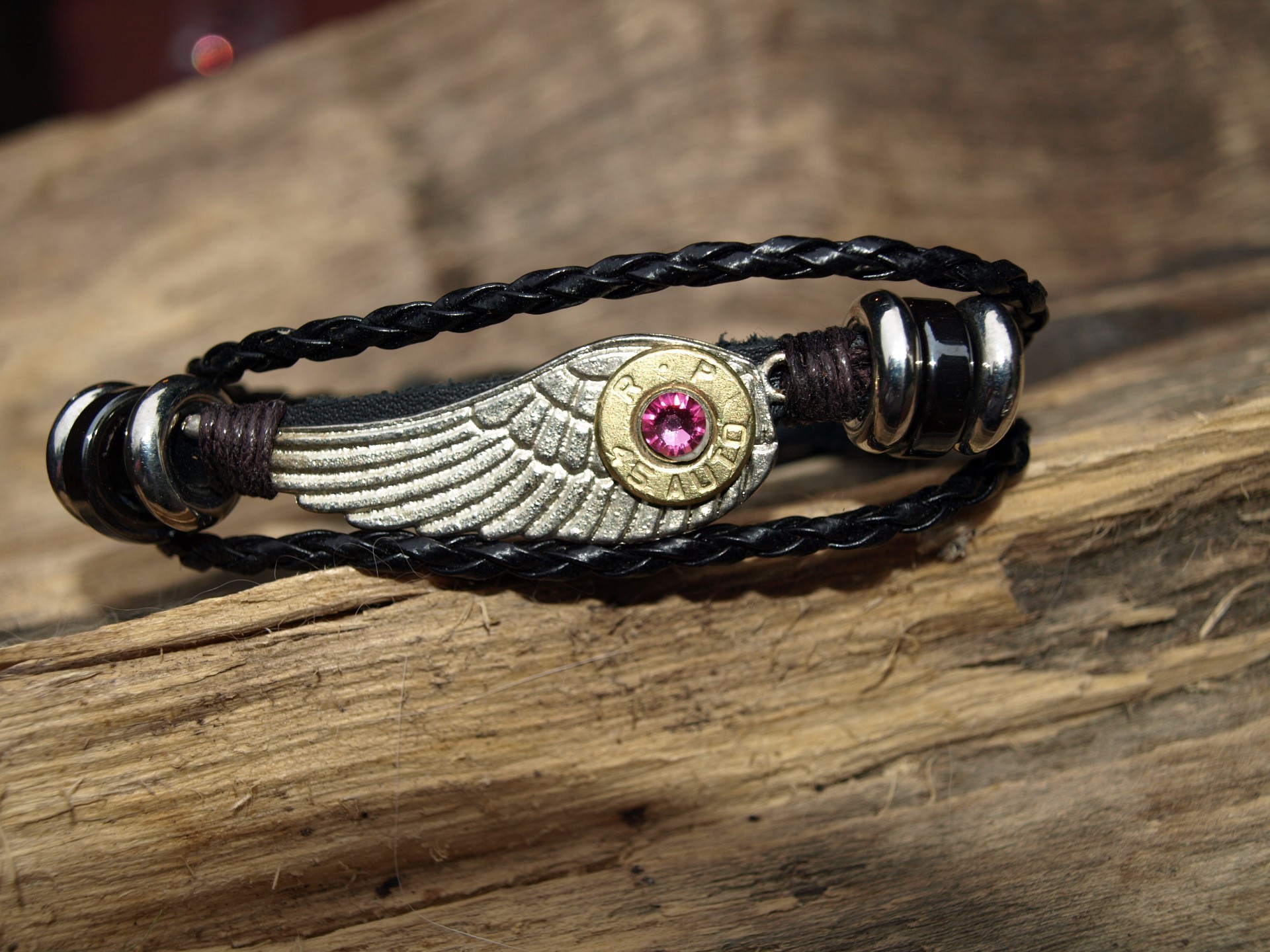 B413Blk Black Leather Pull String Wing Bracelet with your choice of 9