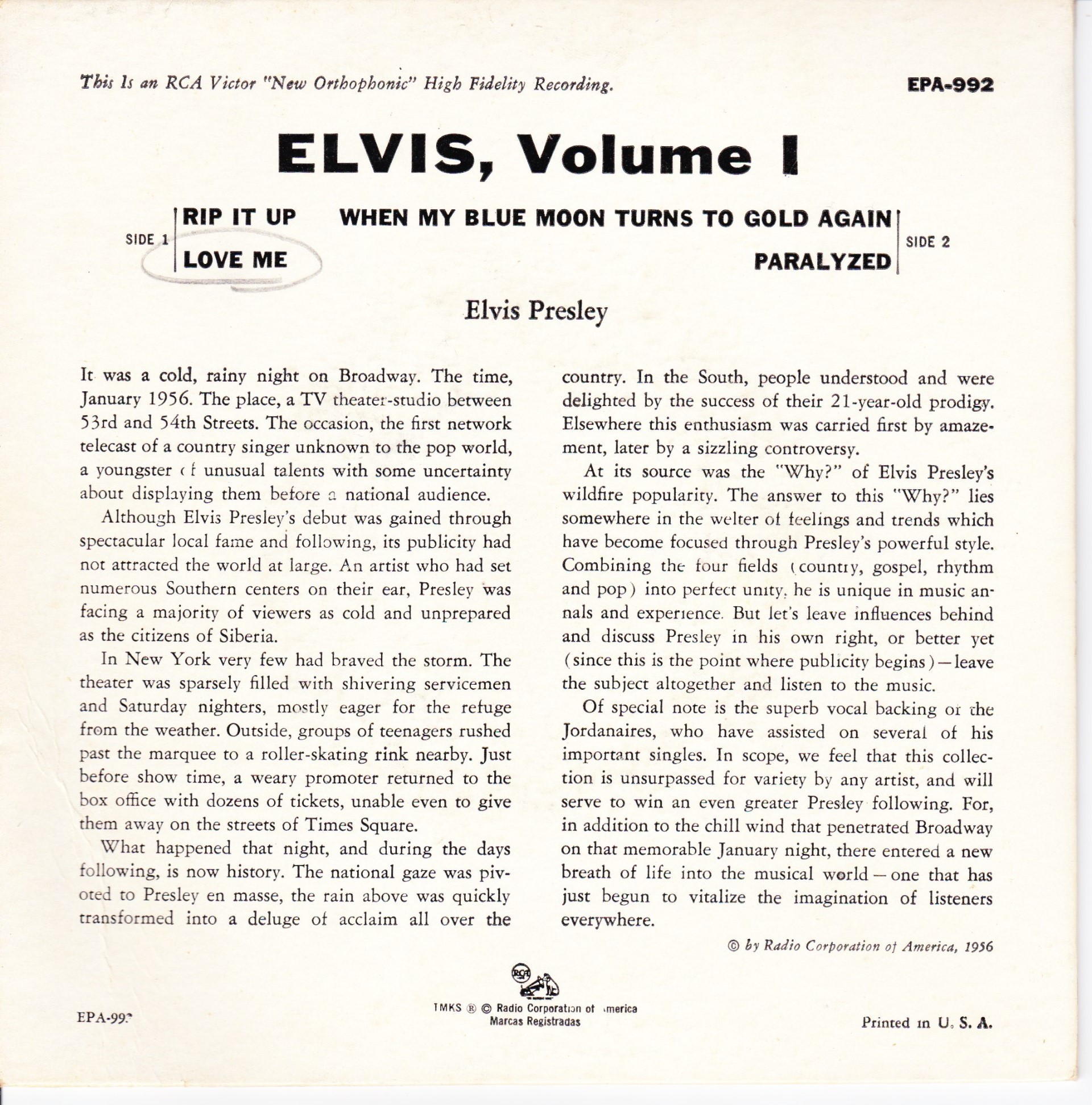 Epa 992 Elvis Volume 1