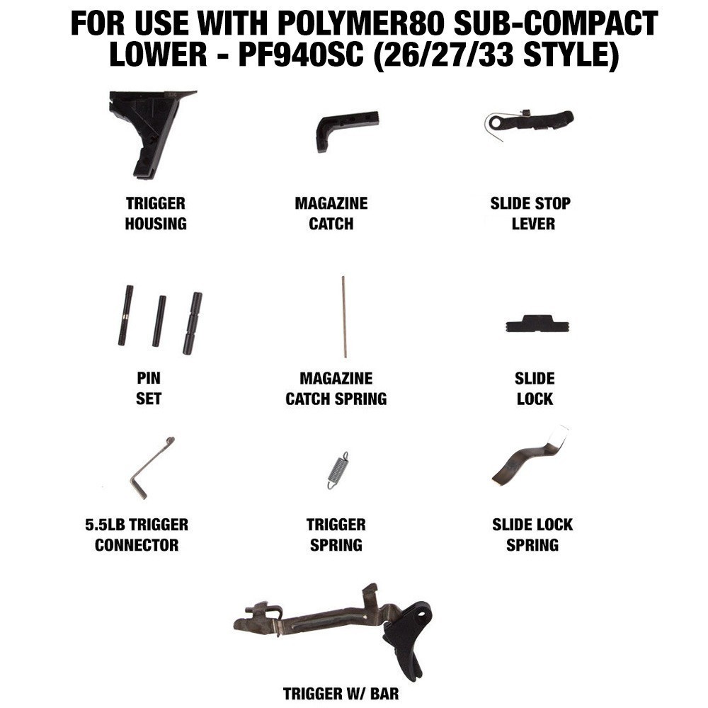 9 MM LOWER PARTS Complete KIT FOR Polymer (P80) or GLOCK COMPACT 19