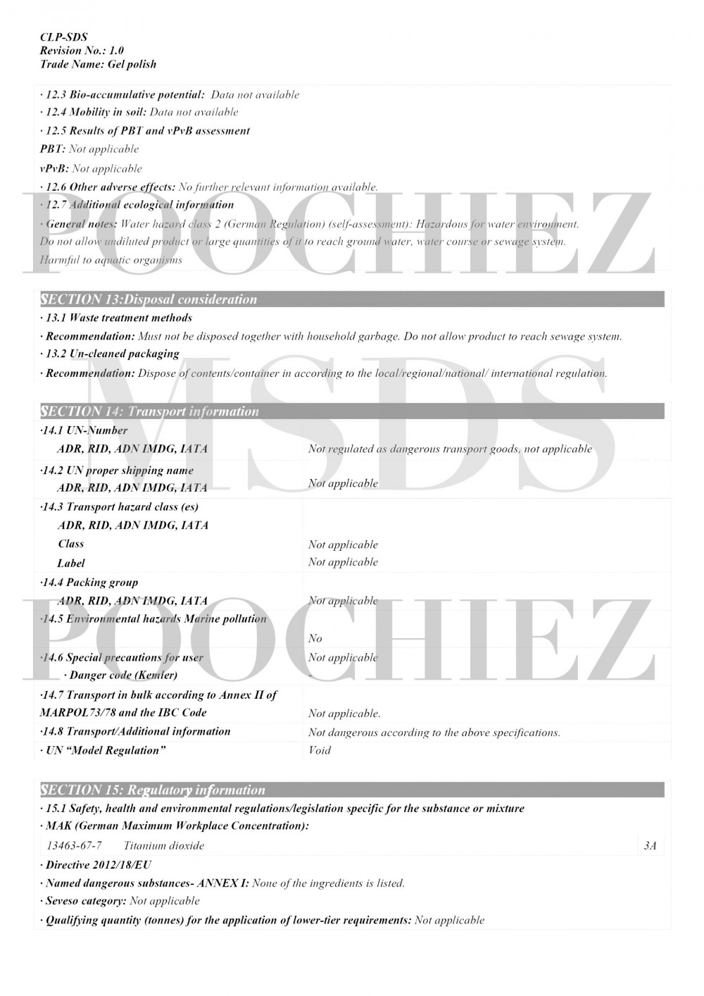 GEL POLISH MSDS SHEET