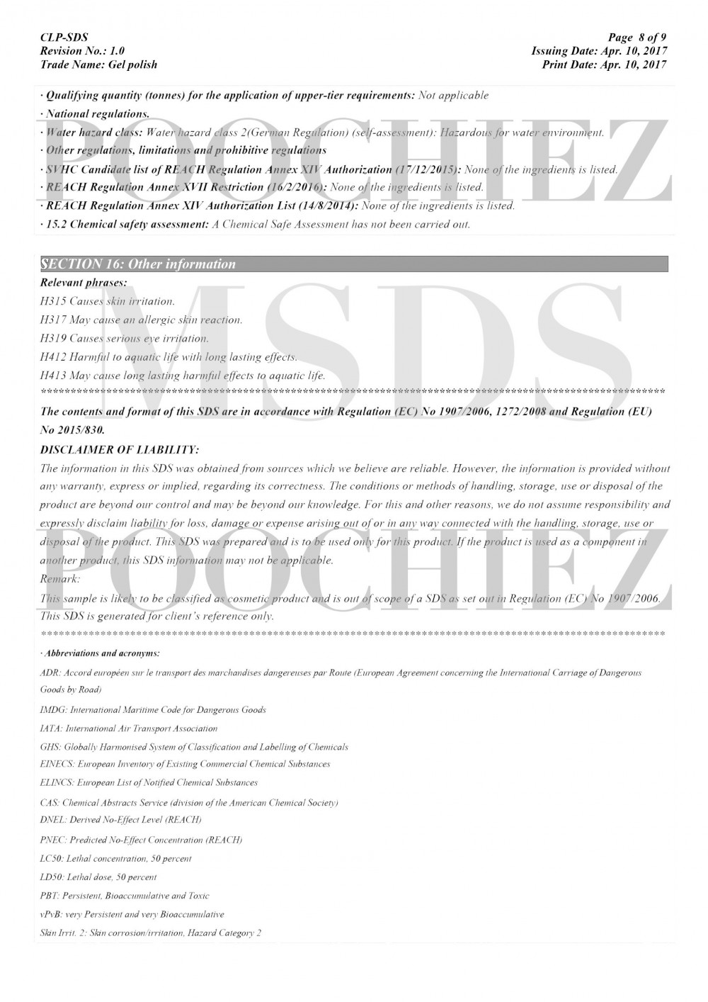 GEL POLISH MSDS SHEET