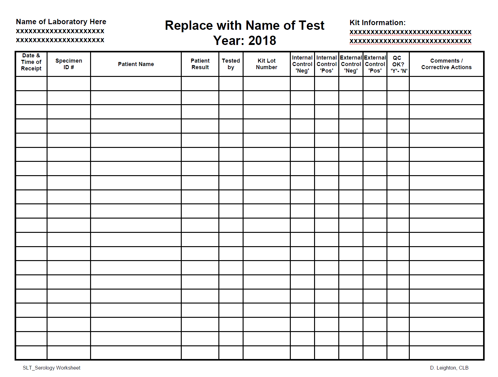 Laboratory Specimen Tracking Sheet