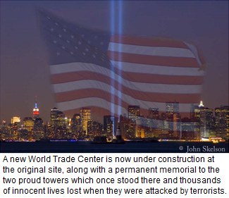 The 9/11 Memorial is superimposed on an image of the flag.