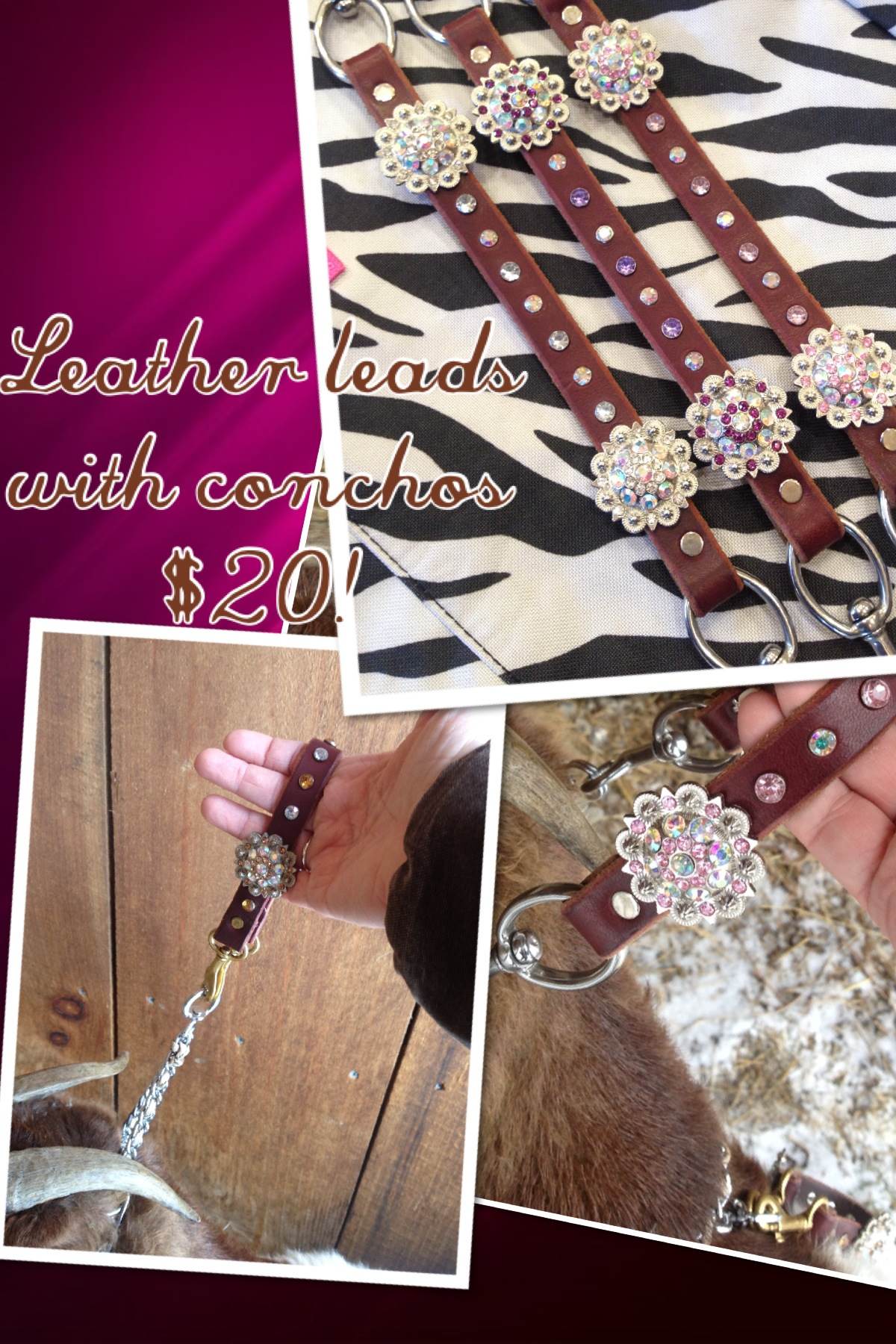 Goat Show Leads and Chains with leather and rhinestones
